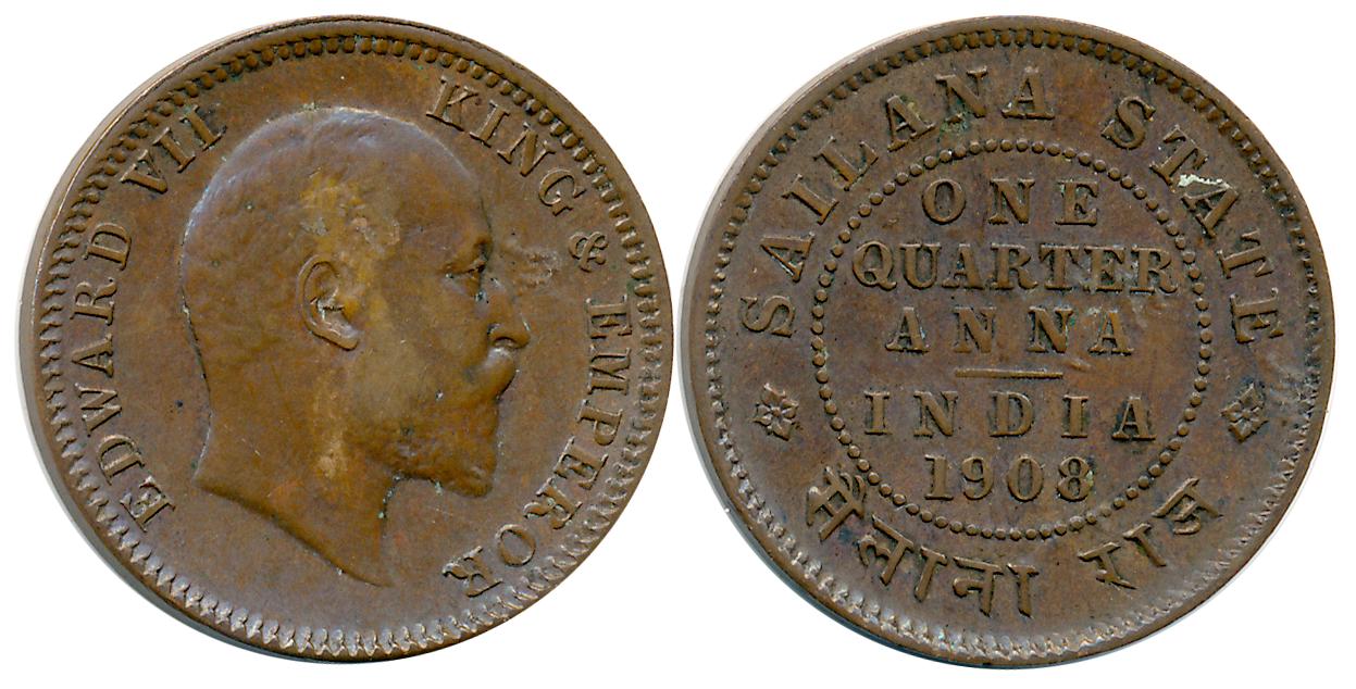 Jaswant Singh, Copper 1/4 Anna, 4.87g, 1908, with the name of Edward VII (KM# 15). Very fi