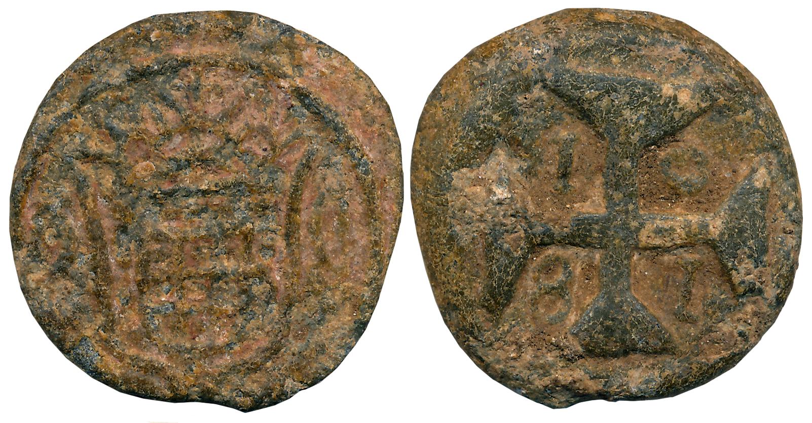 Diu, D. Pedro IV, Lead 20 Bazarucos, 17.21g, 1801 CE; Obv: Coat of arms, Rev: Date within 
