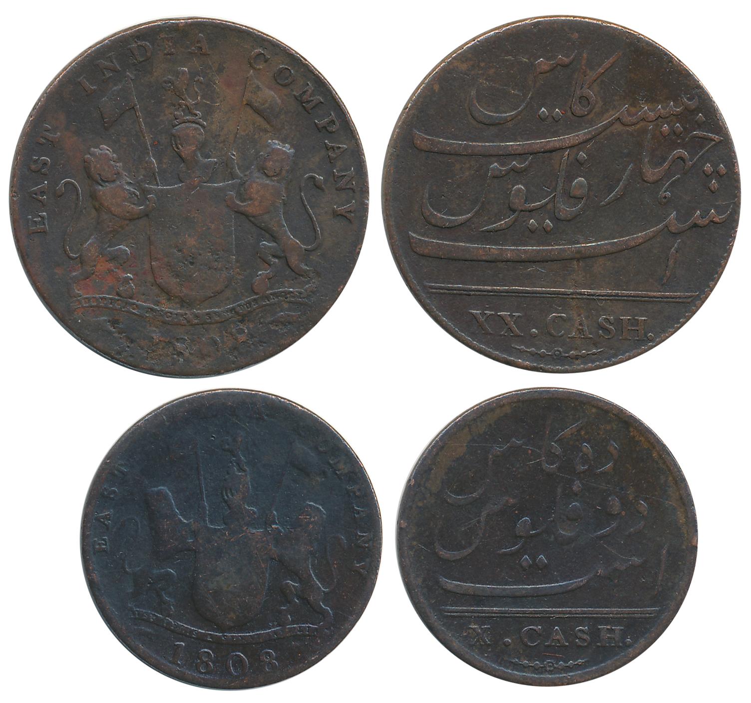 Copper (2), 20 Cash & 10 Cash, 1808, Soho Mint, 4.21g, 9.03g, Obv: Coat of arms of the EIC