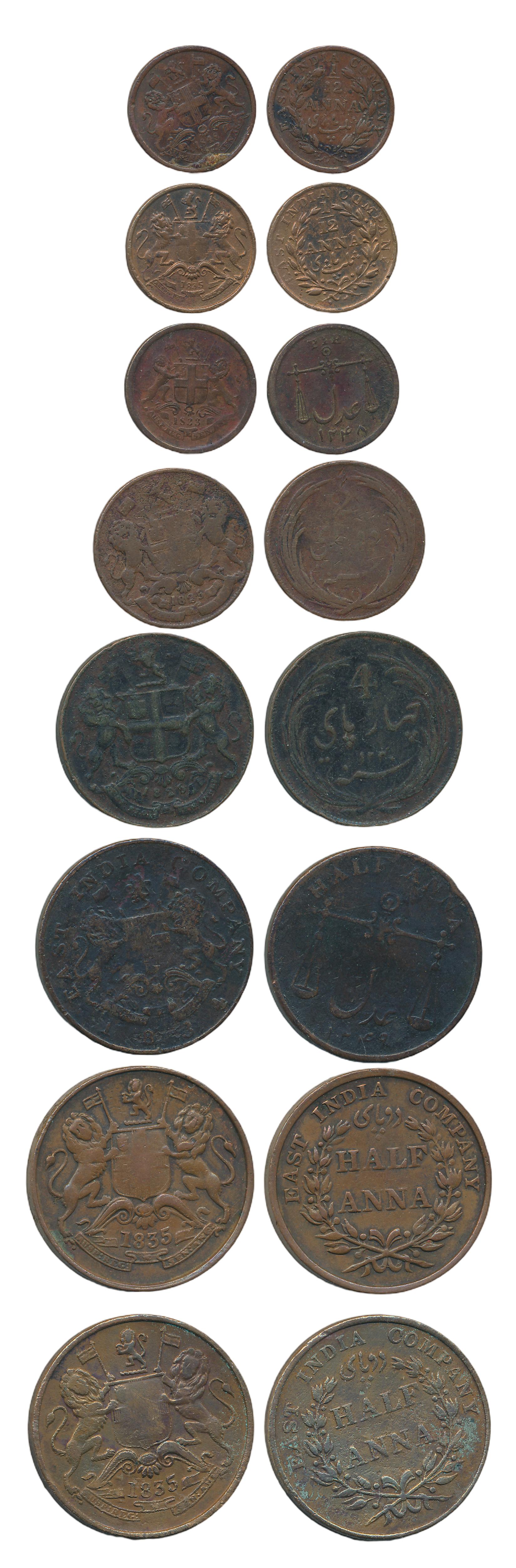 Copper (8), 1825, 4 Pice, 1/2 Pice, 1833, Pice, 1834, 1/2 Anna, 1835, 1/2 Anna (2), 1/12 A