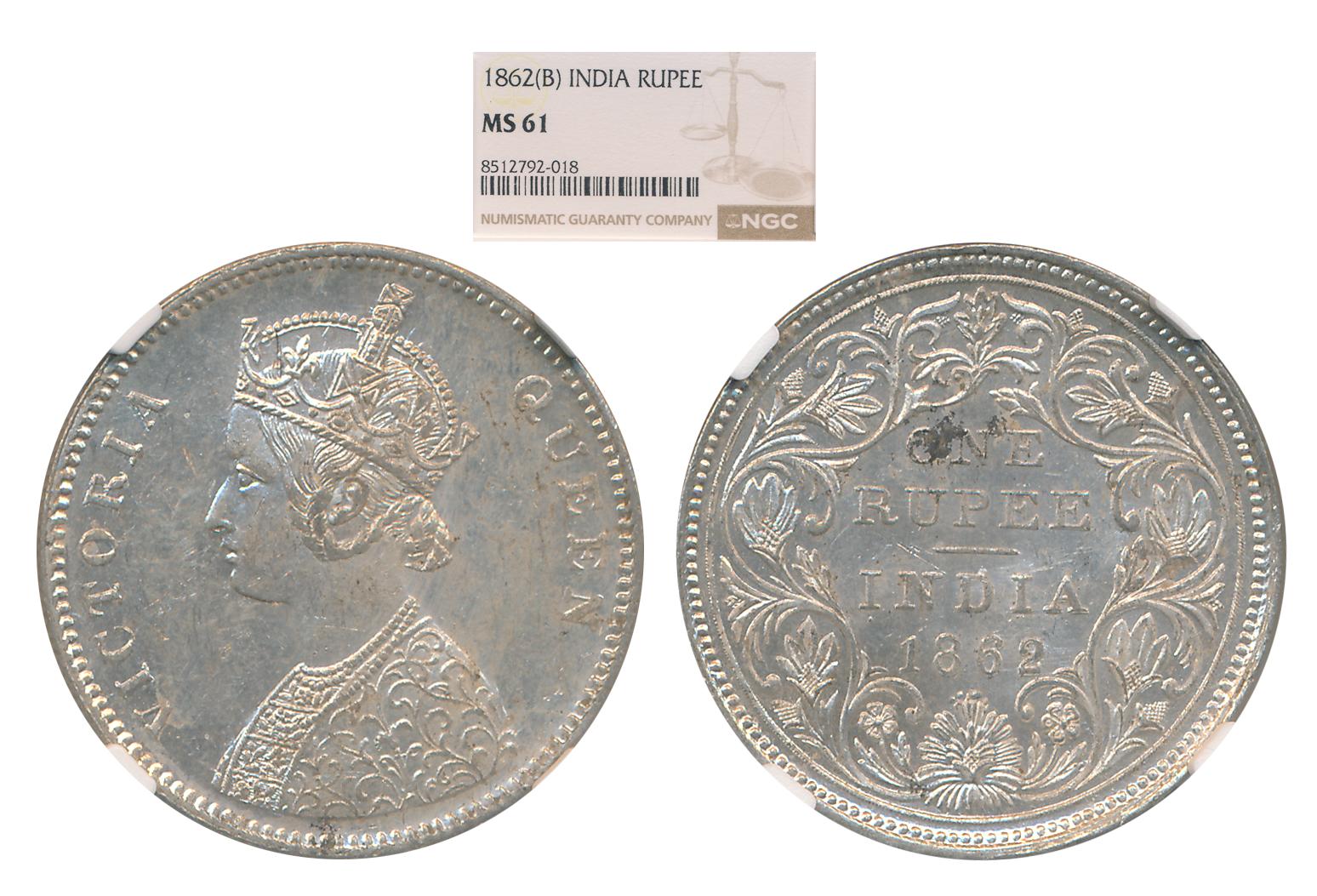 Victoria Queen, 1862, Silver Rupee, Bombay Mint. Slab & Graded by NGC as MS61.