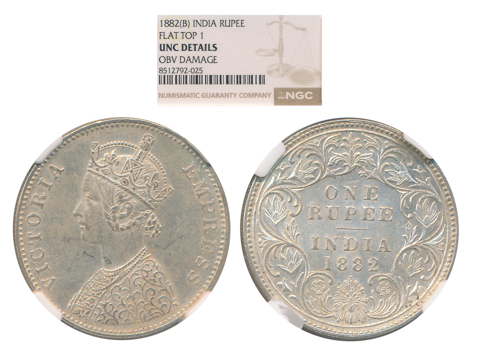 Victoria Queen, 1862, Silver Rupee, Bombay Mint. Slab & Graded by NGC as UNC Details.