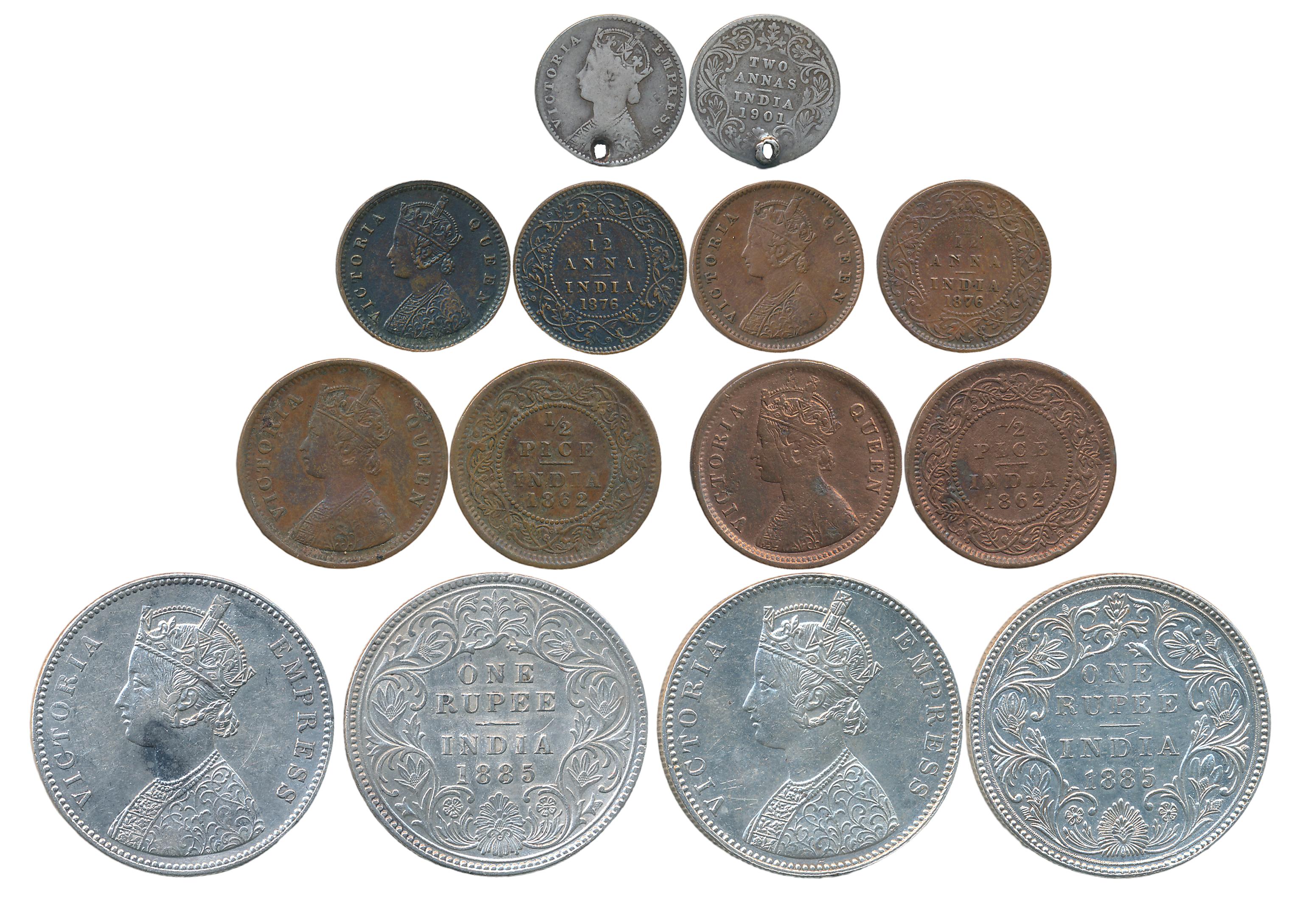 Victoria Queen (7), Silver Rupees (2), 1885, 2 Anna, 1901 & Copper 1/2 Pice (2), 1862, 1/1
