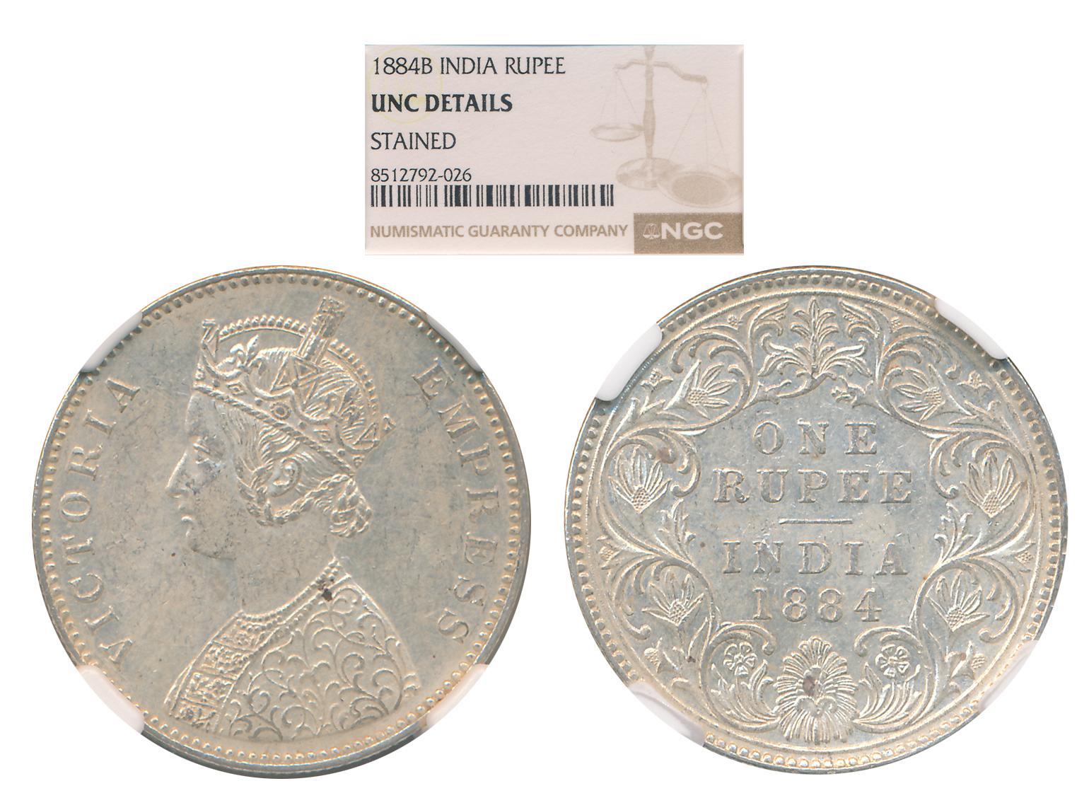 Victoria Empress, 1884, Silver Rupee, Bombay Mint. Slab & Graded by NGC as UNC Details.