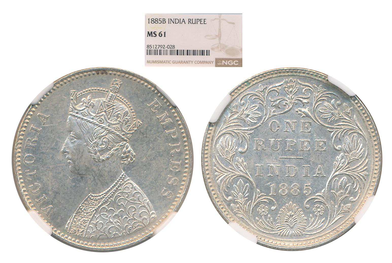 Victoria Empress, 1885, Silver Rupee, Bombay Mint. Slab & Graded by NGC as MS 61.