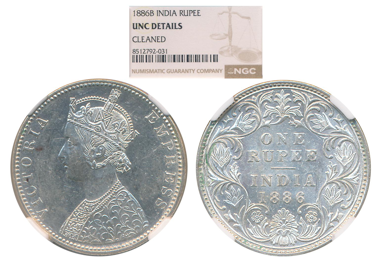 Victoria Empress, 1886, Silver Rupee, Bombay Mint. Slab & Graded by NGC as UNC Details.