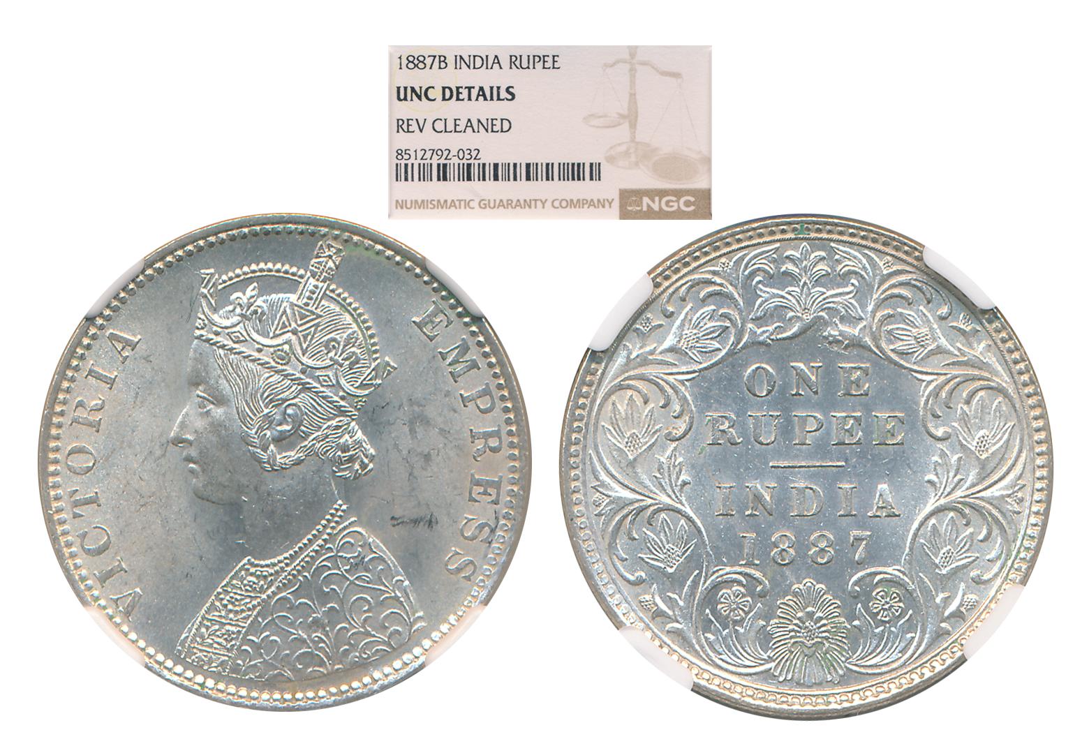 Victoria Empress, 1887, Silver Rupee, Bombay Mint. Slab & Graded by NGC as UNC Details.