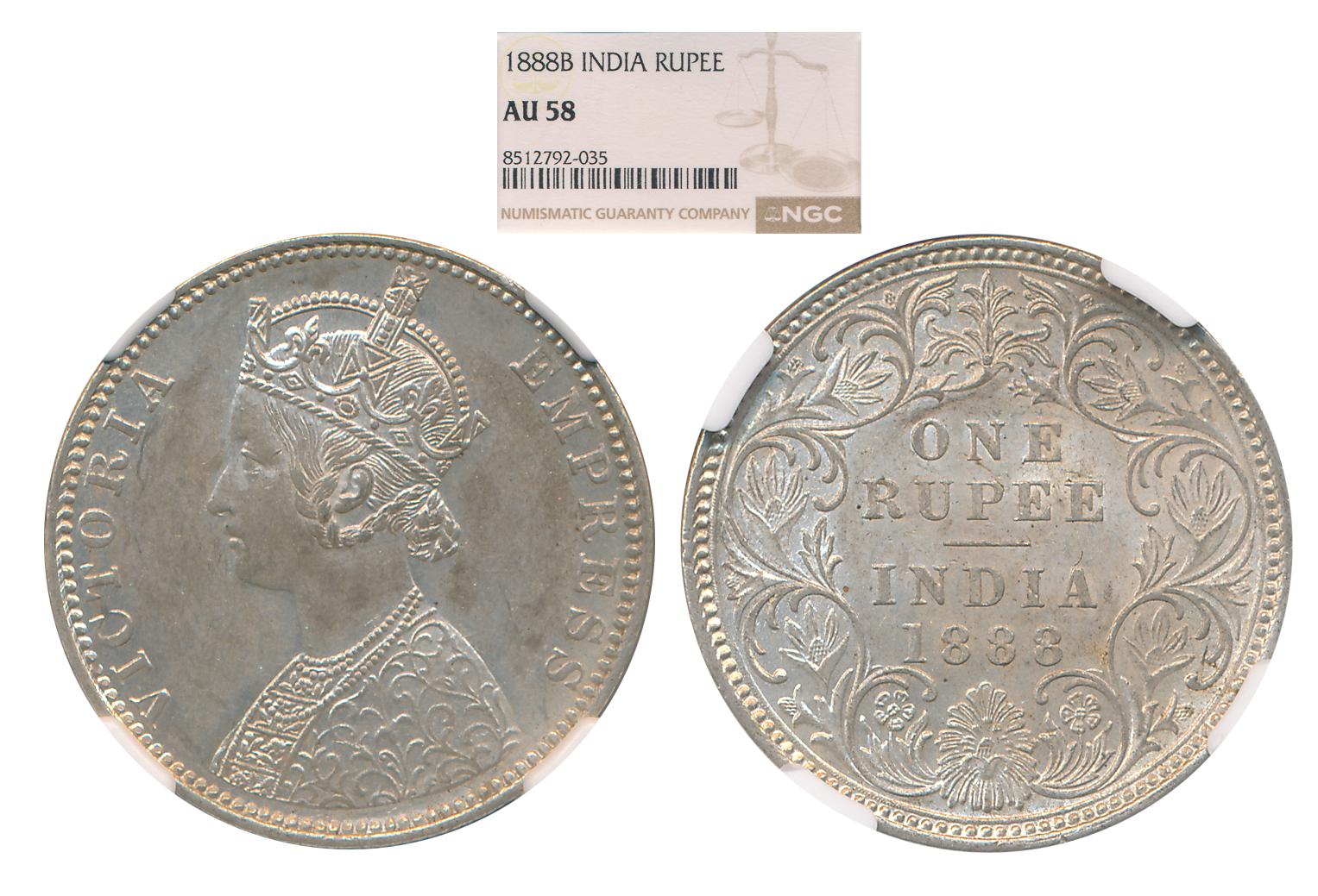 Victoria Empress, 1888, Silver Rupee, Bombay Mint. Slab & Graded by NGC as AU58.