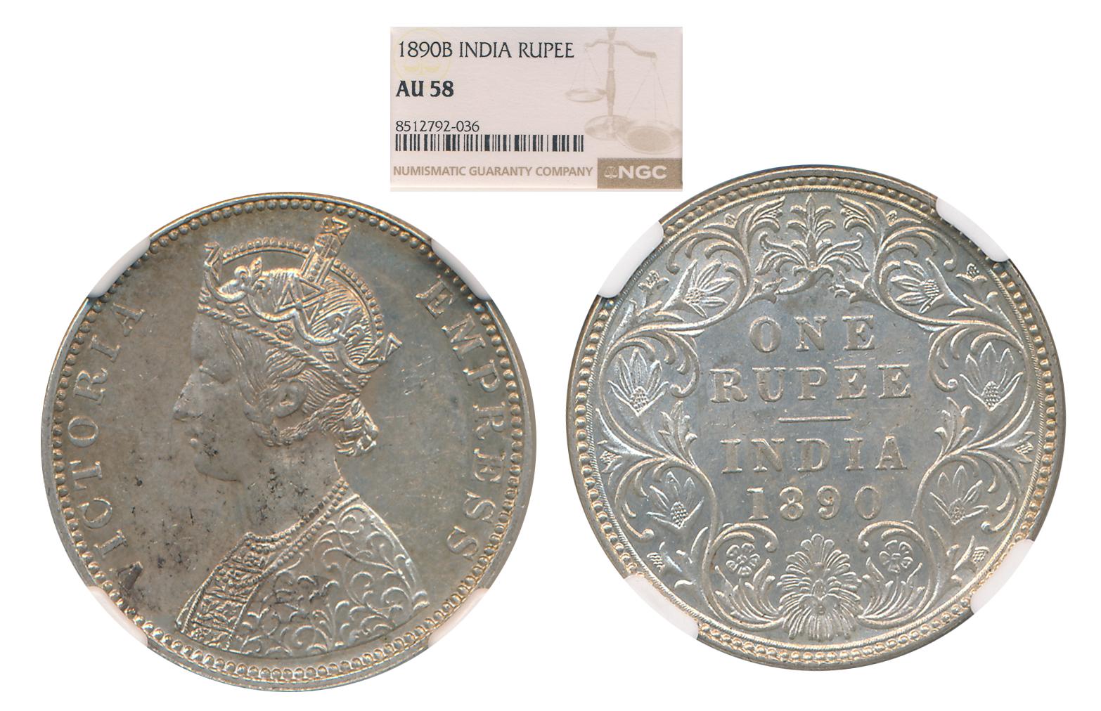 Victoria Empress, 1890, Silver Rupee, Bombay Mint. Slab & Graded by NGC as AU58.