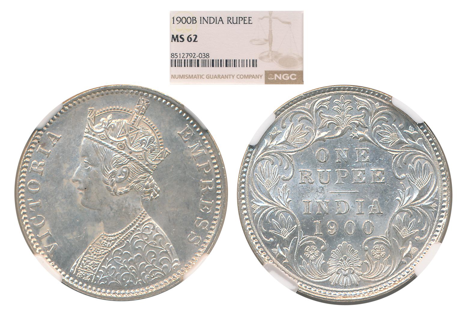 Victoria Empress, 1900, Silver Rupee, Bombay Mint. Slab & Graded by NGC as MS 62.