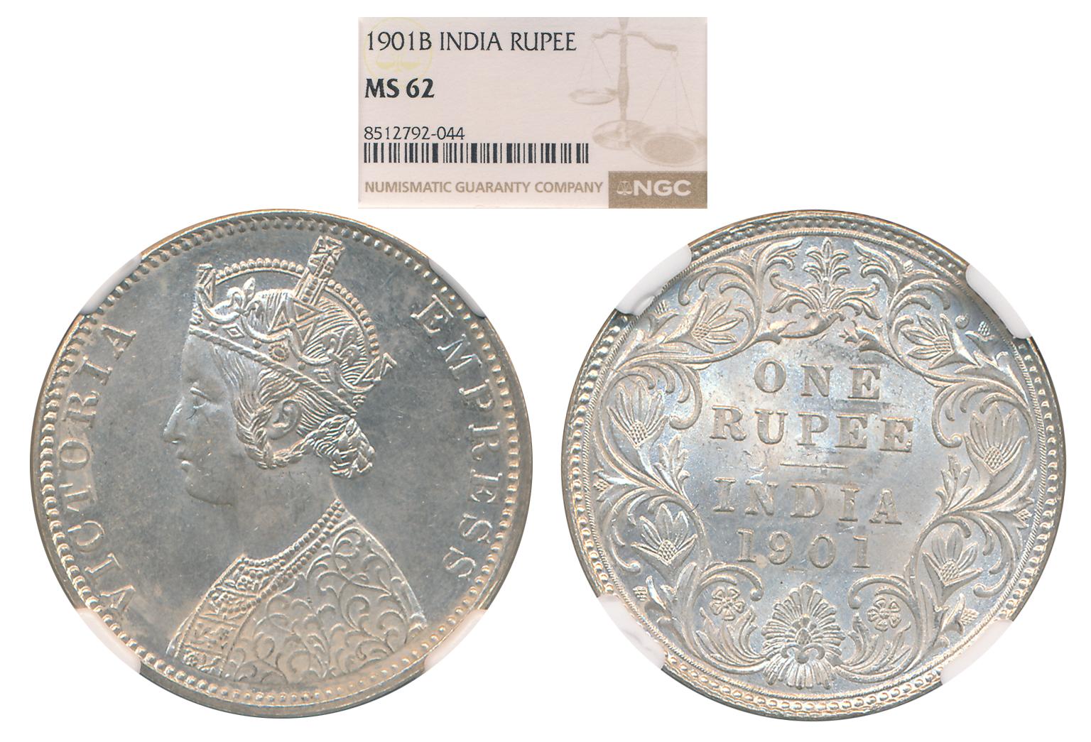 Victoria Empress, 1901, Silver Rupee, Bombay Mint. Slab & Graded by NGC as MS 62.