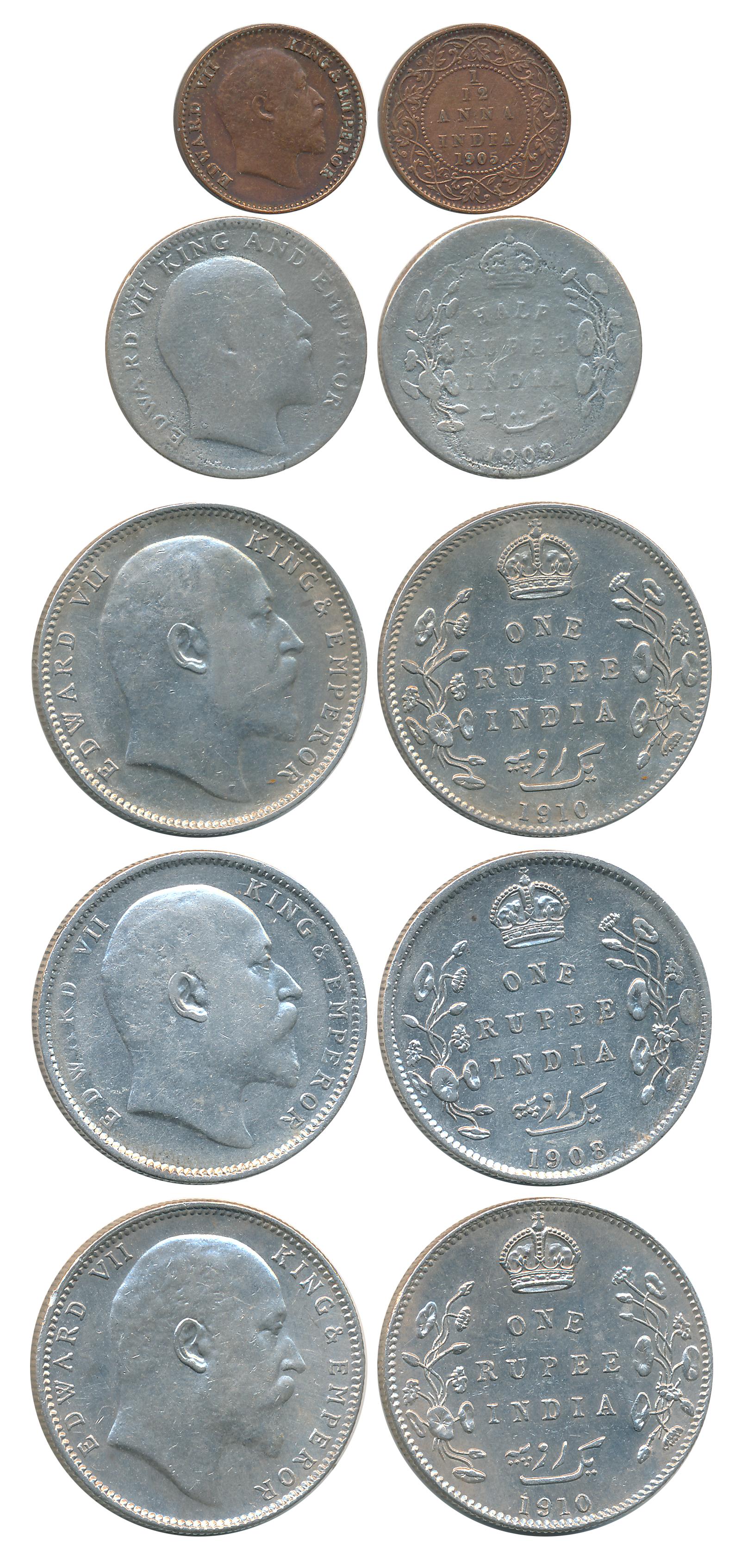 Edward VII, Silver (4), Rupees (3), 1908, 1910, 1908, 1/2 Rupee (1), 1908 & Copper (1), 1/