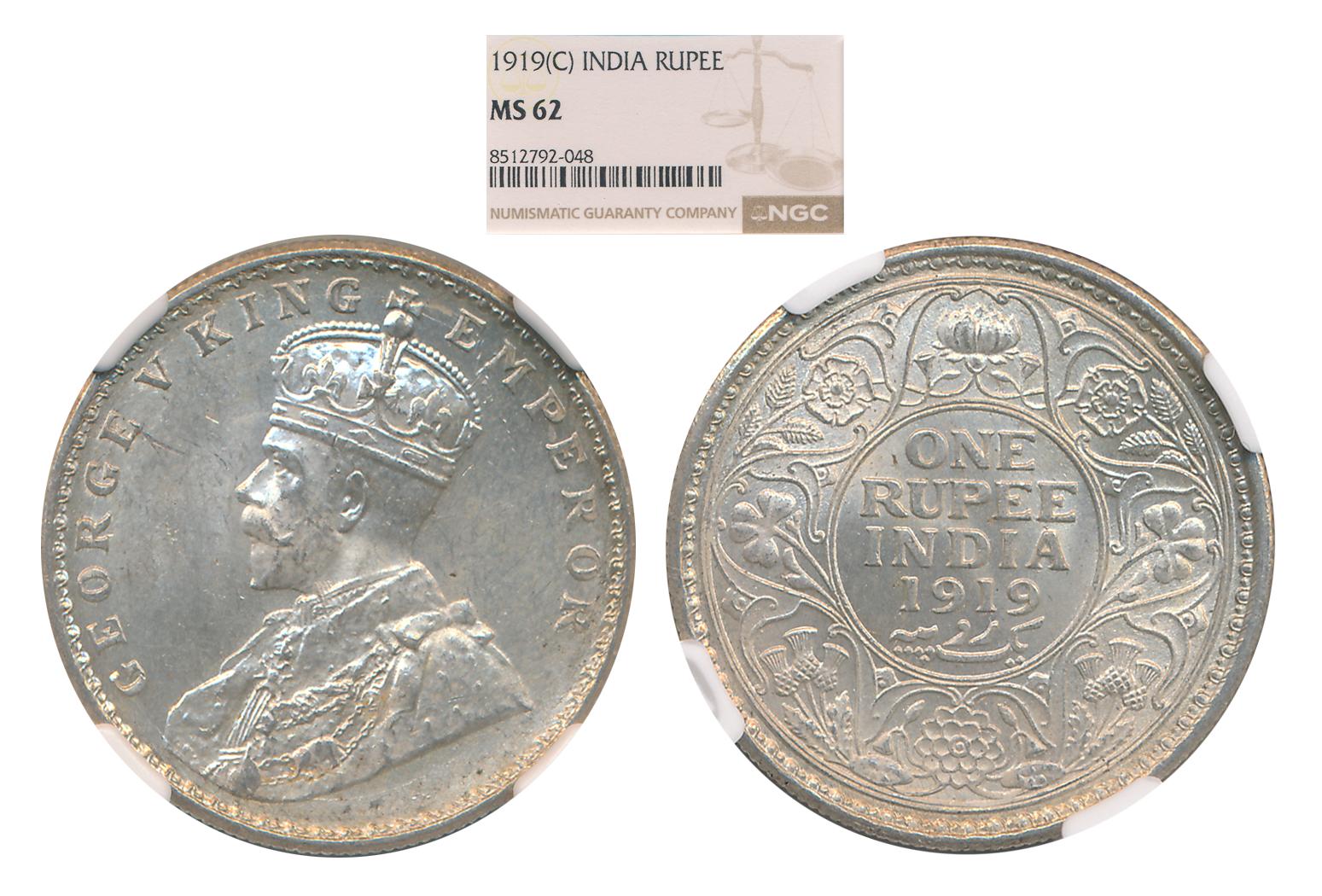 George V, 1919, Silver Rupee, Calcutta Mint. Slab & Graded by NGC as MS 62.