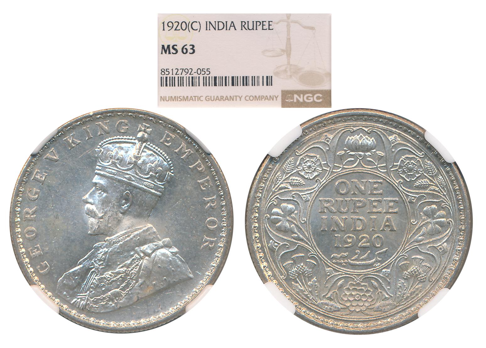 George V, 1920, Silver Rupee, Calcutta Mint. Slab & Graded by NGC as MS 63.