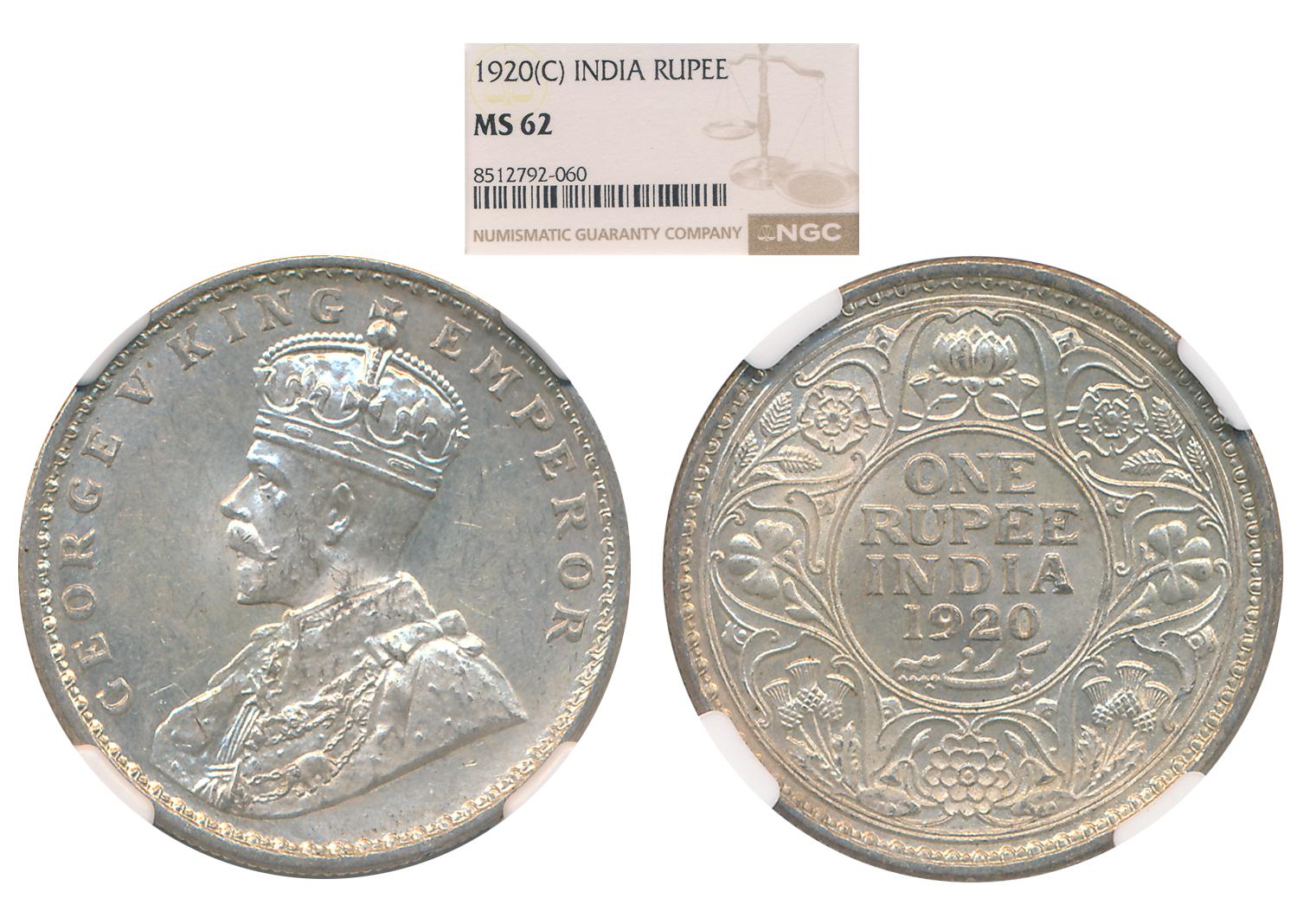 George V, 1920, Silver Rupee, Calcutta Mint. Slab & Graded by NGC as MS 62.
