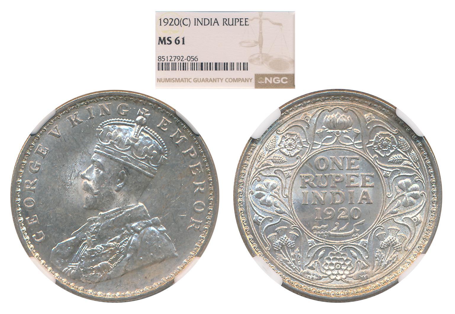 George V, 1920, Silver Rupee, Calcutta Mint. Slab & Graded by NGC as MS 61.