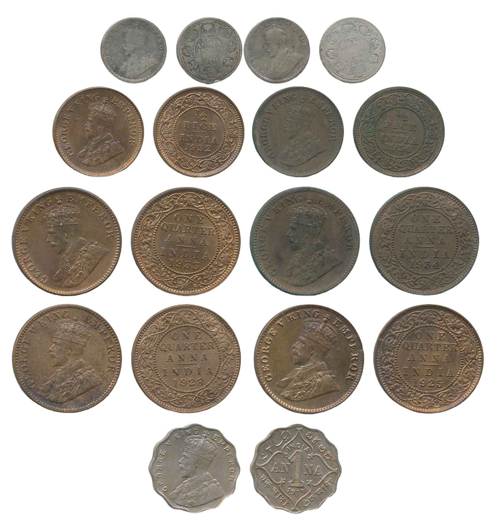 George V (9), Silver, 2 Anna (2), 1913, 1917, & Copper (7), 1 Anna (1), 1919, 1/4 Anna (4)