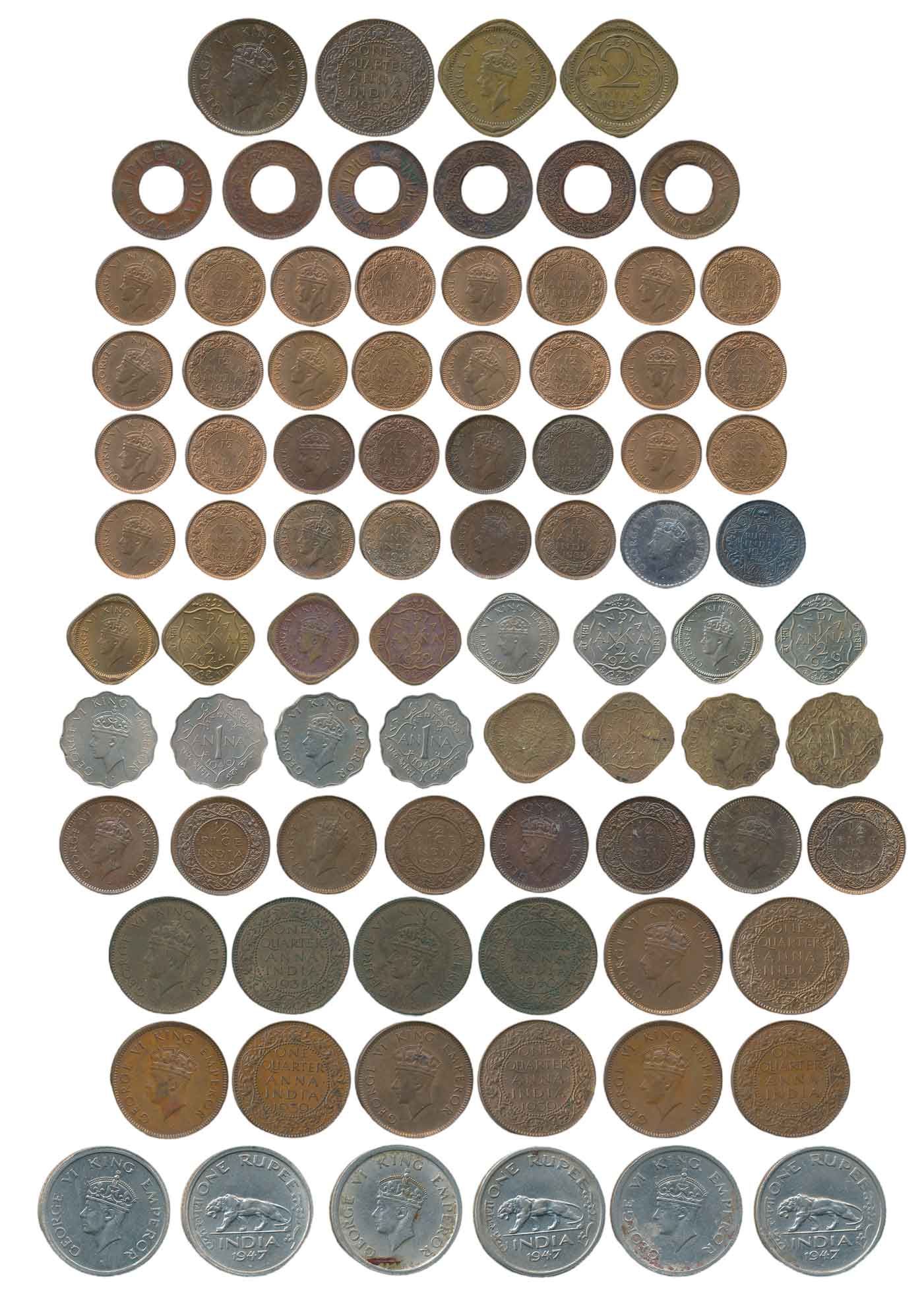 Mix Lots, Bronze & Copper Nickel (42), 1938, 1/4 Anna, 1939, 1/4 Anna (5), 1/4 Rupee, 1/2 