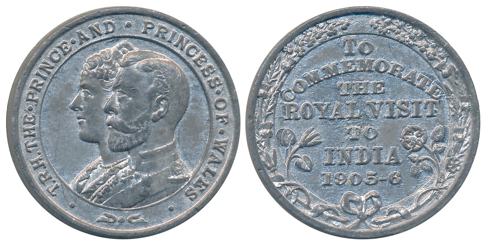 Commemorative Medal of Royal visit to India 1905-6, White Metal, 15.53g, Obv: Cojoined bus