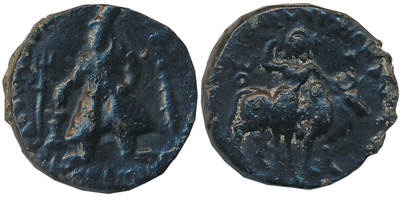 Kushans, Wima Kadphises, Copper Fraction, 4.30g, “Shiva-Nandi bilingual” type, Obv: King s