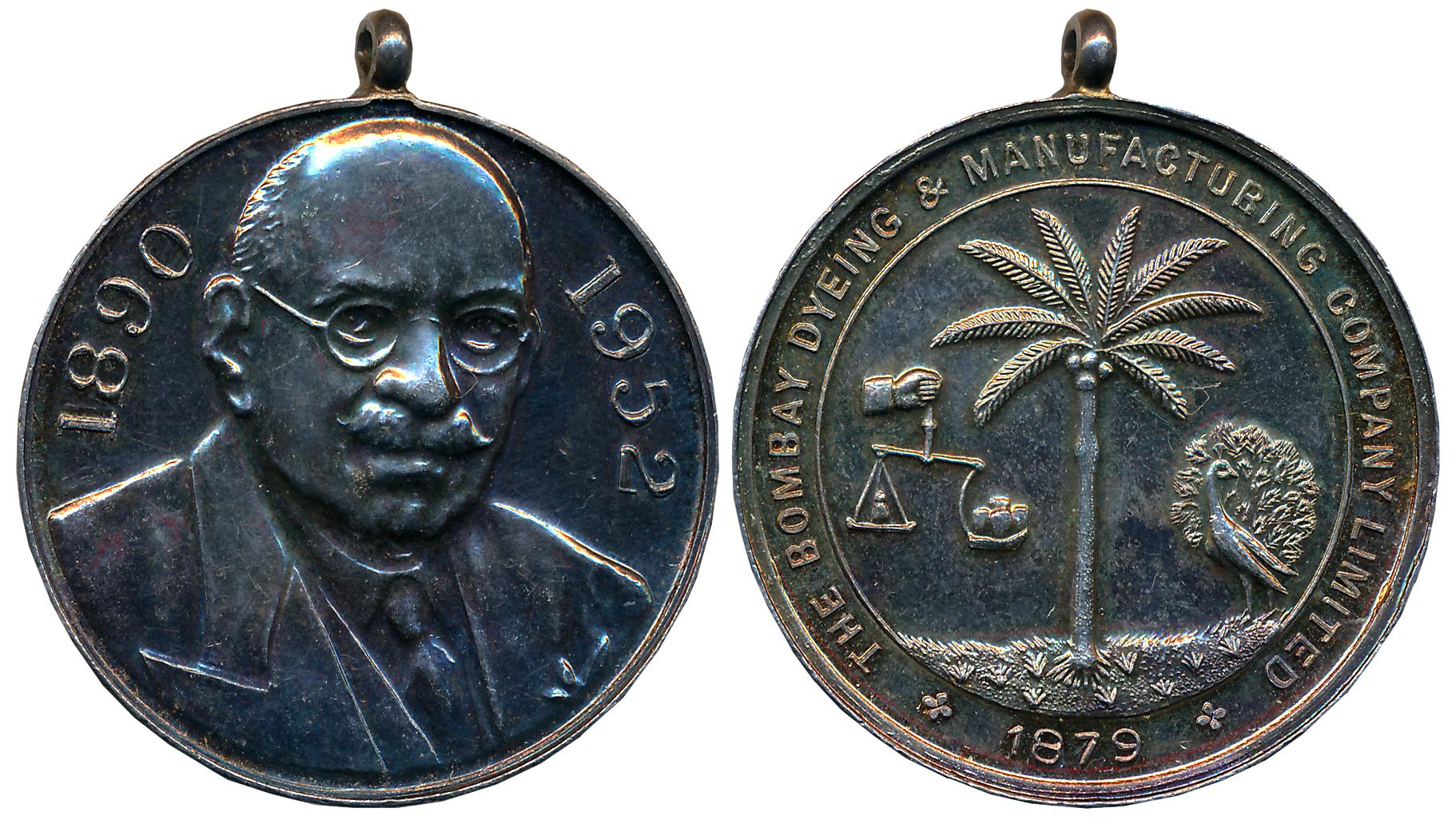 Bombay Dyeing Medal, Silver, 31.25g, Obv: Facing bust of the founder of the company with d