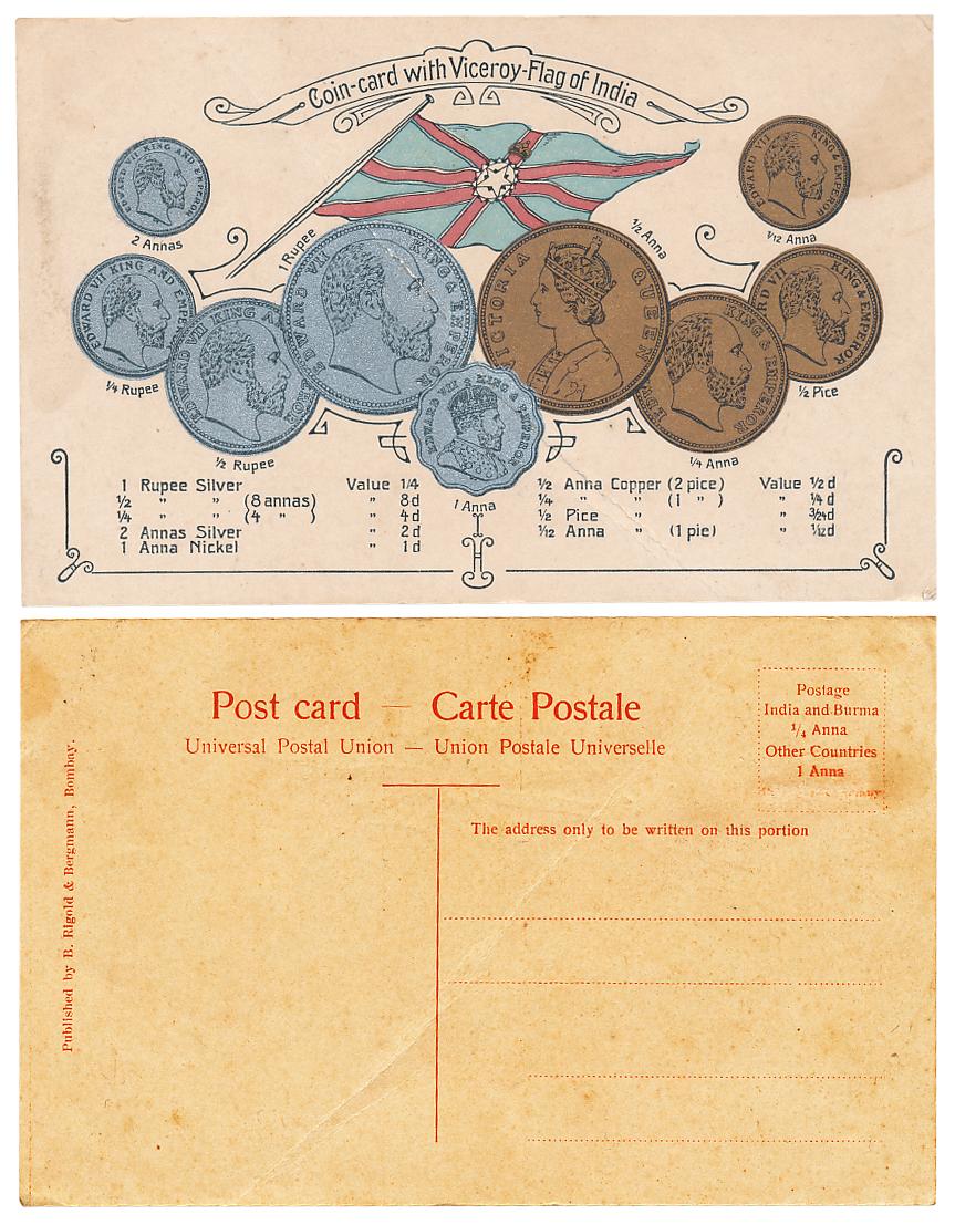 Embossed Postcards with impression of British India, Victoria, 1/2 Anna and Edward VII, Ru