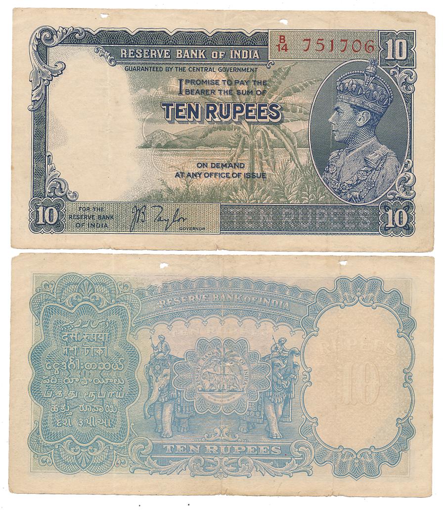 George VI, Rupees 10, 1st issue, Type 4.5, Signed J. B. Taylor, Prefix B/14 (R IPM# 4.5.1)