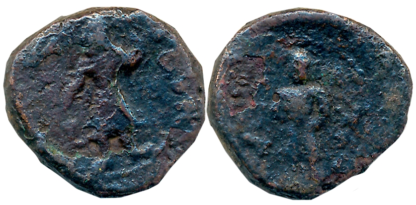 Kushans, Kanishka, Copper Fraction, 4.09g, “Sakyamuni Buddha” type, Obv: King offering at 