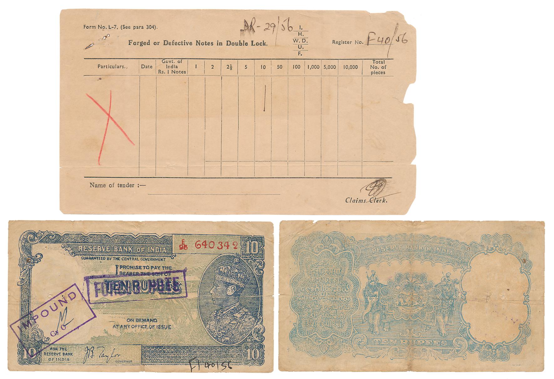 George VI, Rupees 10, Prefix E/95, Contemporary forgery Note with supporting documents. Fi