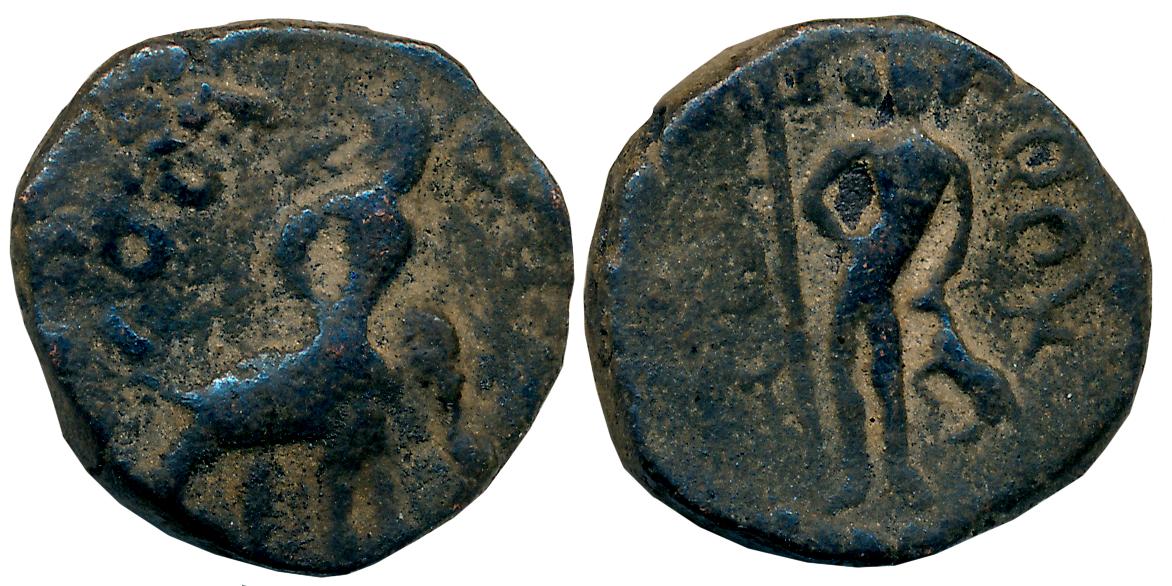 Kushans, Huvishka, Copper, 11.17g, Obv: King on Elephant facing right, legend around, Rev: