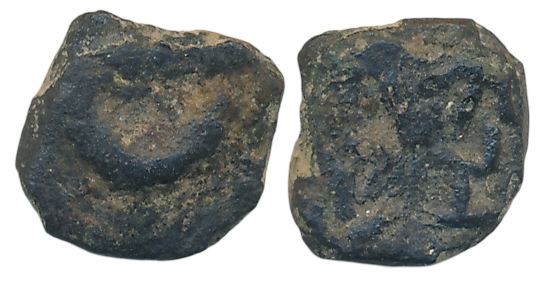 Kausambi, Guilds- Negamas Copper, 0.97g, Obv: Brahmi legend probably reads as “Sho-she-ni-