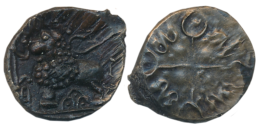 Satavahanas, Alloyed Copper, 2.19g, “Junnar Lion” Type, Obv: Lion standing to left with th