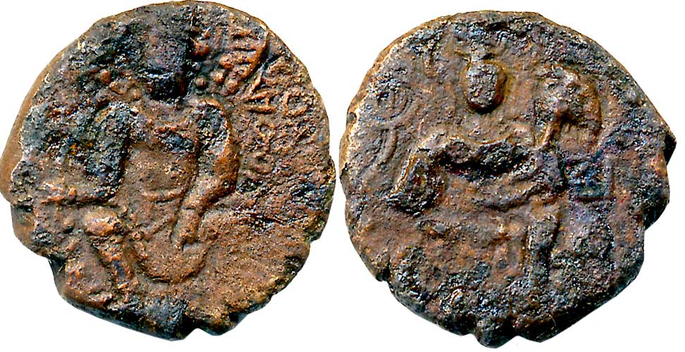 Kidarite Huns, Copper Unit, 5.17g, Seated King type, Obv: Diademed and ornamented seated k
