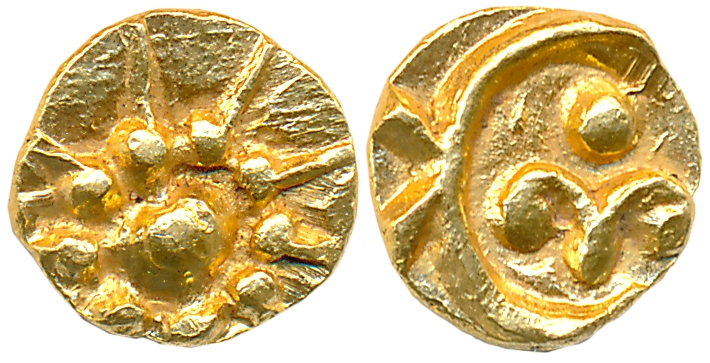 Chalukyas of Badami, Anonymous, Gold Fanam- 1/10th of Varaha fraction, 0.42g, Obv: Chaluky