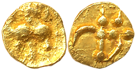 Chalukyas of Kalyani, Gold Haga- 1/4 Fanam, 0.09g, Obv: Lion to right with raised paw, Rev