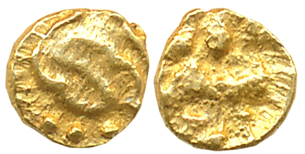 Shilaharas of Wai-Karad region, Gold Quarter Fanam, 0.12g, Obv: Garuda flying right with s