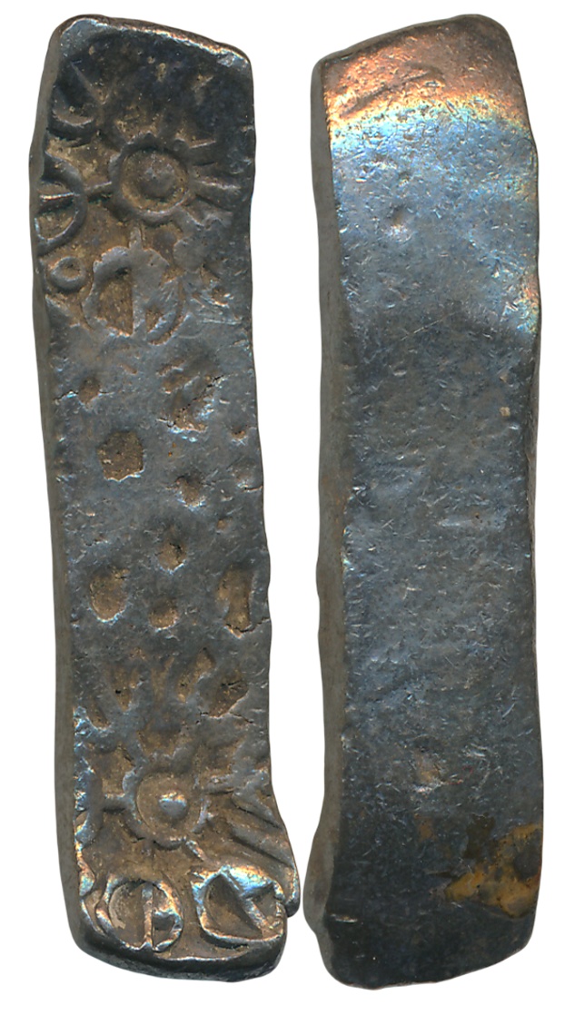 Punch Marked, attributed to Gandhara Janapada, Silver Bent Bar, 11.57g, Uniface, Six armed