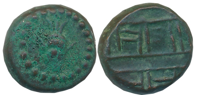 Copper Kasu, 3.19g, Obv: Bird within dotted circle, Rev: Devnagari legend. Patinated, extr