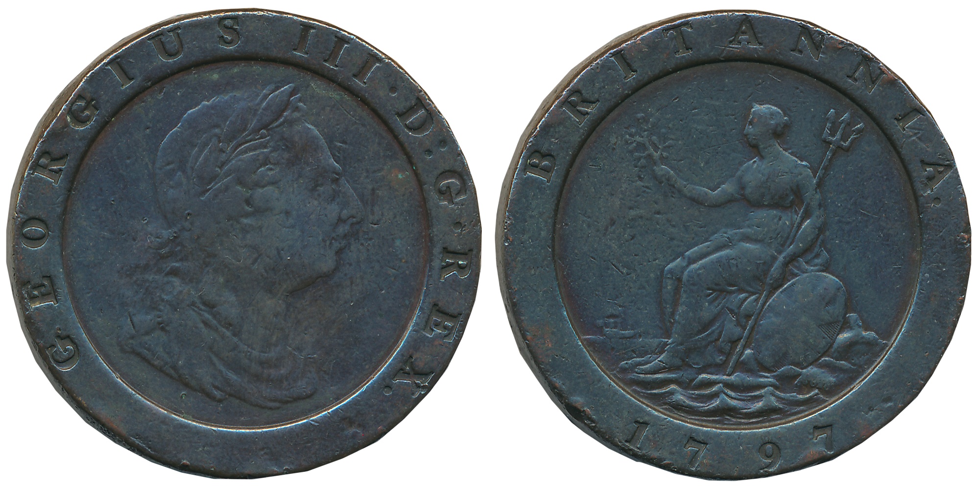 United Kingdom, George III, Copper 2 Pence, 56.55g, 1797, Obv: Laureate and draped bust of