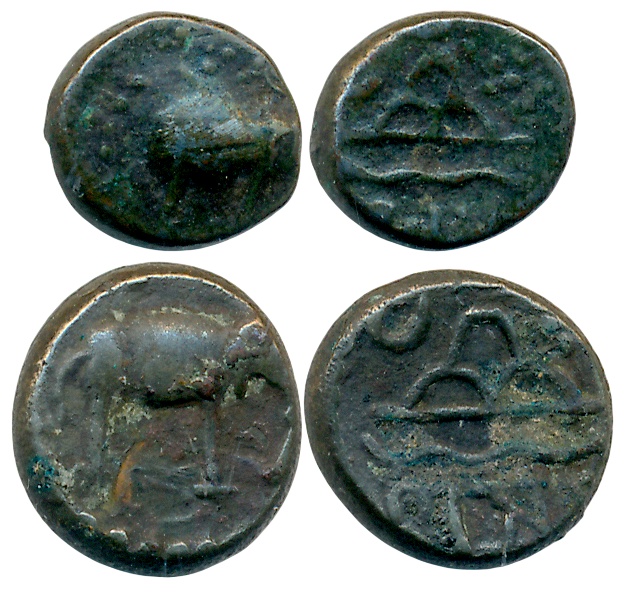 Western Kshatrapas, Damasena, Potin (2), 2.01g,1.14g, Obv: Elephant, Rev: Three arched Cha