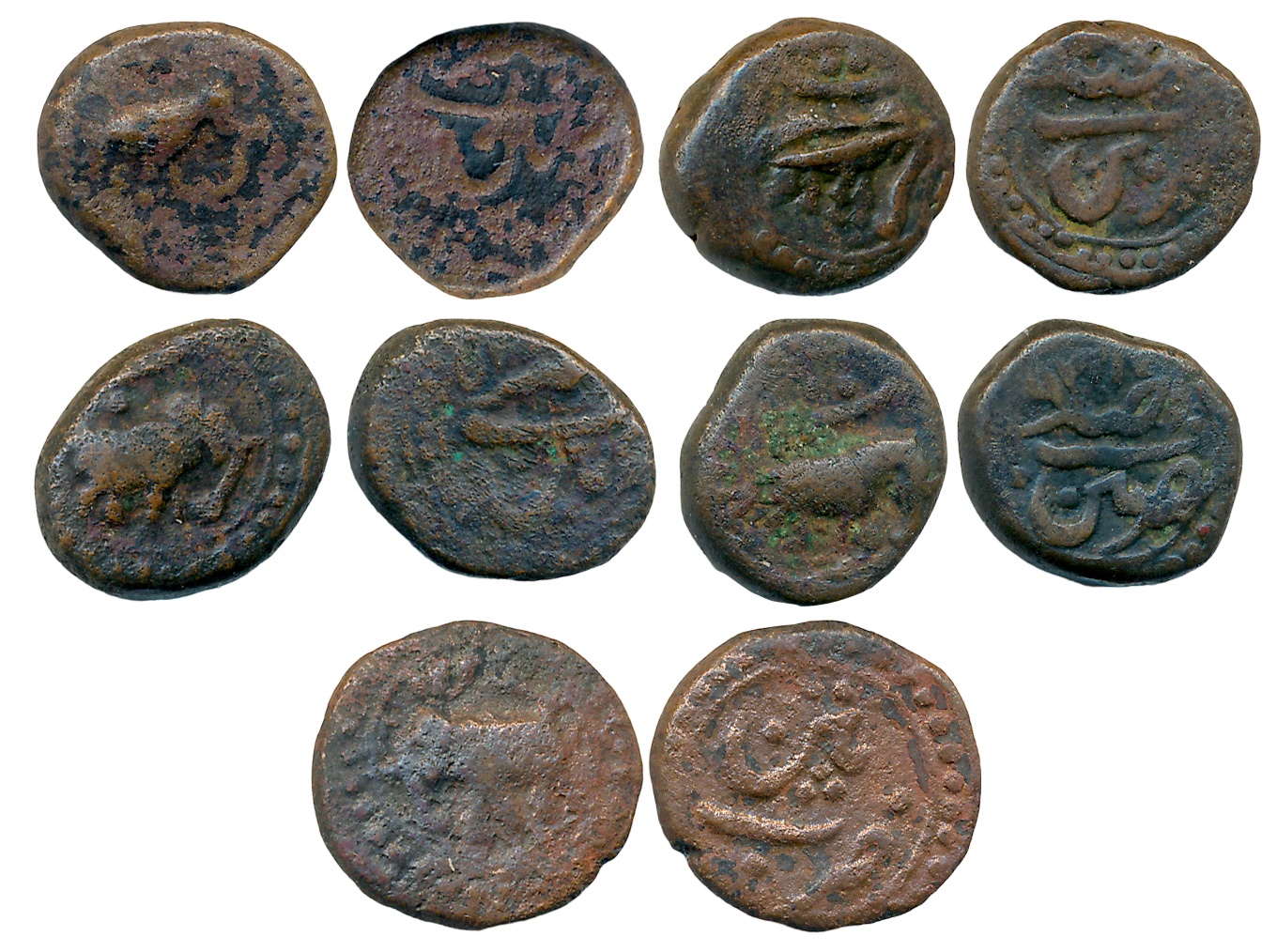 Tipu Sultan, Copper 1/4 Paisa (5), Patan Mint, Elephant to right. Fine to fine+. 5 coins.