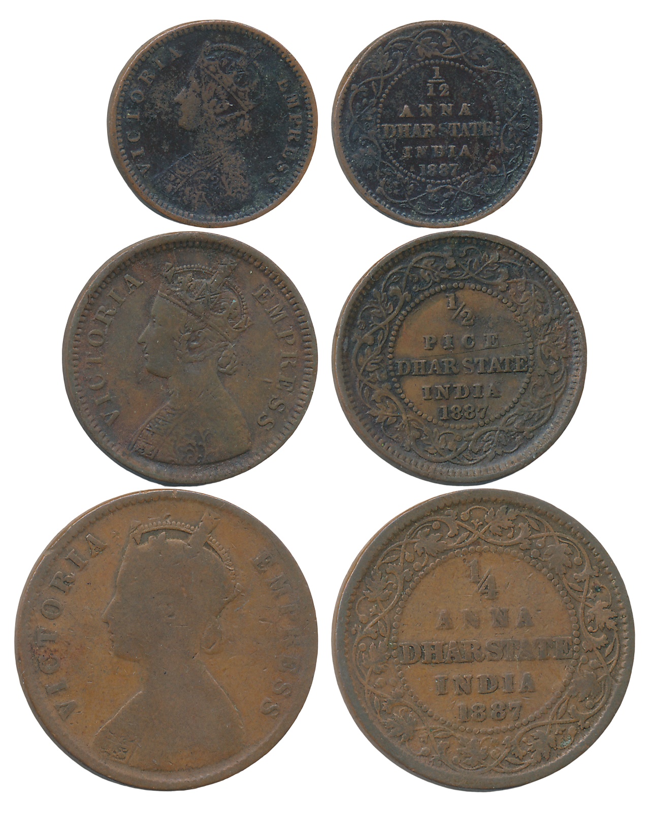 Anand Rao III, Copper (3), 1/4 Anna, 1/2 Pice & 1/12 Anna, 1887, with the name of Victoria