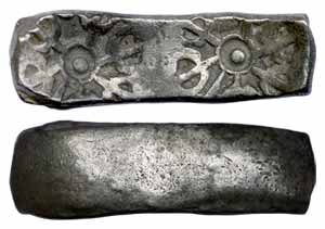 Punch-marked Coins, Gandhara Janapada, 5th century BC, Silver, Bent Bar, smaller flan with