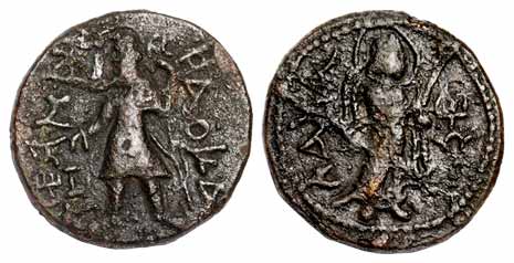 Kushanas, Kanishka I, Copper, 16.97 g, king standing to left holding a spear and offering 