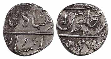 Baroda Mint, Silver, Rupee, in the name of Shah Alam II, sword as mint mark on rev, mint n