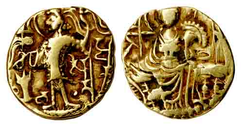 Later Kushanas, base Gold, Sita type, king standing with a standard in left hand and sita 