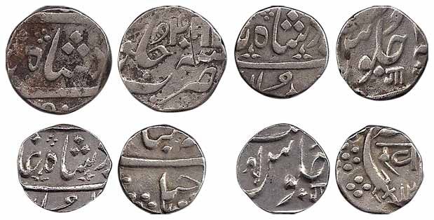 Silver (4), Rupee, Malhar Rao; ½ Rupee, Khande Rao and Ahmedabad Mint, Ankushi type with N