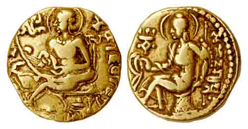 Guptas, Samudragupta, Gold, Dinar, Lyrist type, king playing a veena kept in his lap with 