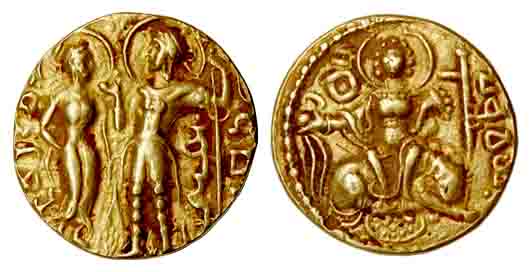 Guptas, Chandragupta II, Gold, Dinar, King &amp; Queen type, king standing to left, presen