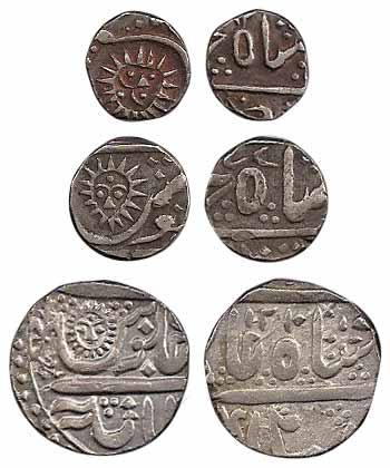 Tukoji Rao, Silver (3), set of 3: Rupee, ½ and ¼ Rupee, sun face type. Very Fine, Scarce. 